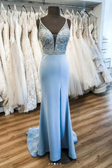 Blue V-Neck Satin Long Prom Dress Blue Evening Dress