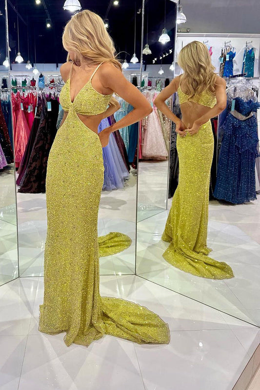 Dressystars  Mustard Green Sequin Material  Deep Sexy V Neck Cutout Long Prom Dresses