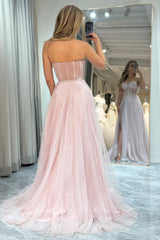 Light Pink A Line Long Corset Prom Dress With Slit