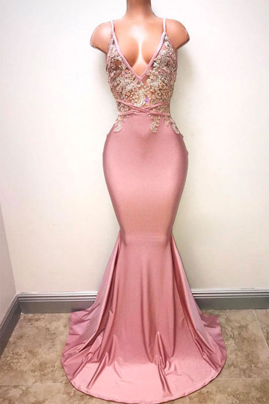 Pink V-Neck Mermaid Long Prom Dress Pink Mermaid Long Evening Dress