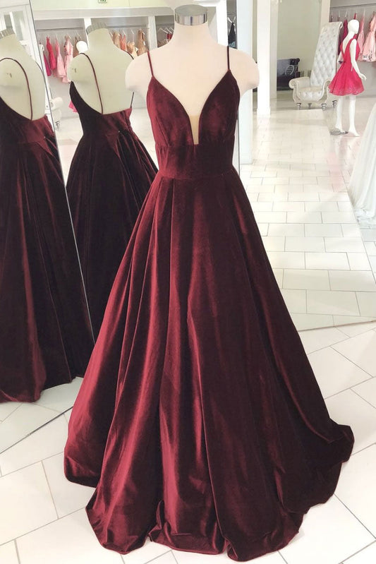 Simple V-Neck Burgundy Evening Dress Burgundy Long Prom Dress