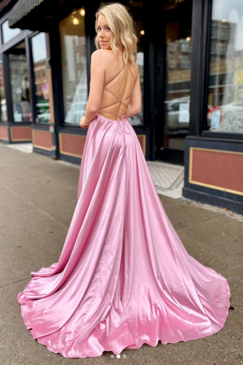 Simple V-Neck Satin Long Prom Dress Pink Long Evening Dress