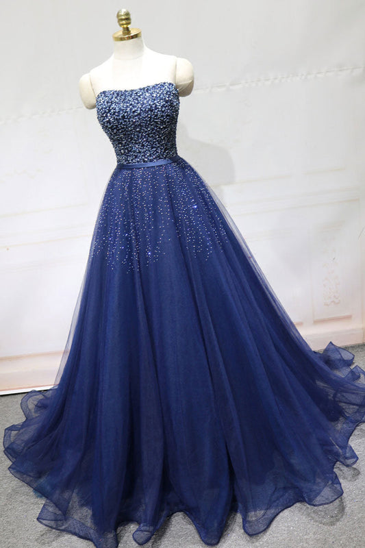 Dark Blue Tulle Sequin Long Prom Dress Blue Tulle Formal Dress