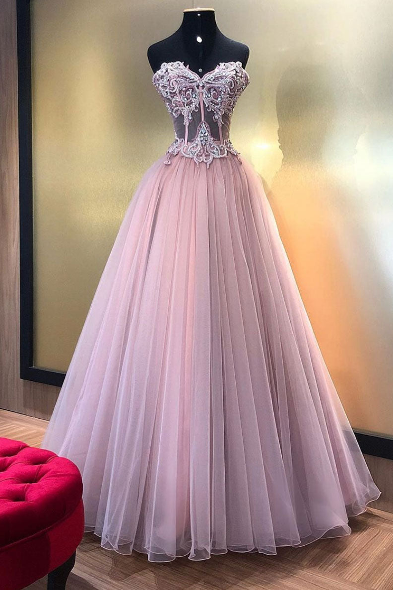 Pink Sweetheart Tulle Lace Long Prom Dress Pink Tulle Formal Gown