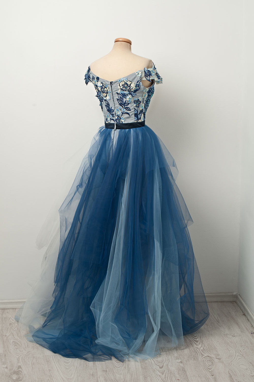 Blue V-Neck Tulle Lace Long Prom Dress Blue Evening Dress