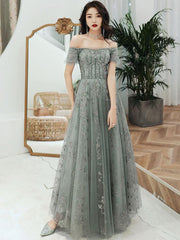 Gray Tulle Lace Long Prom Dress Gray Tulle Long Evening Dress