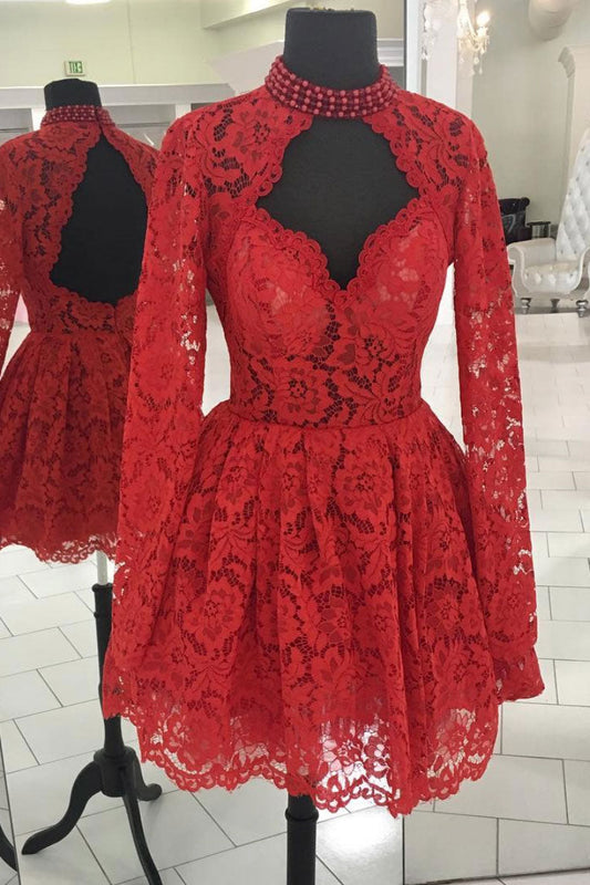 Red Lace Short Prom Dress Red Lace Homecoming Dress