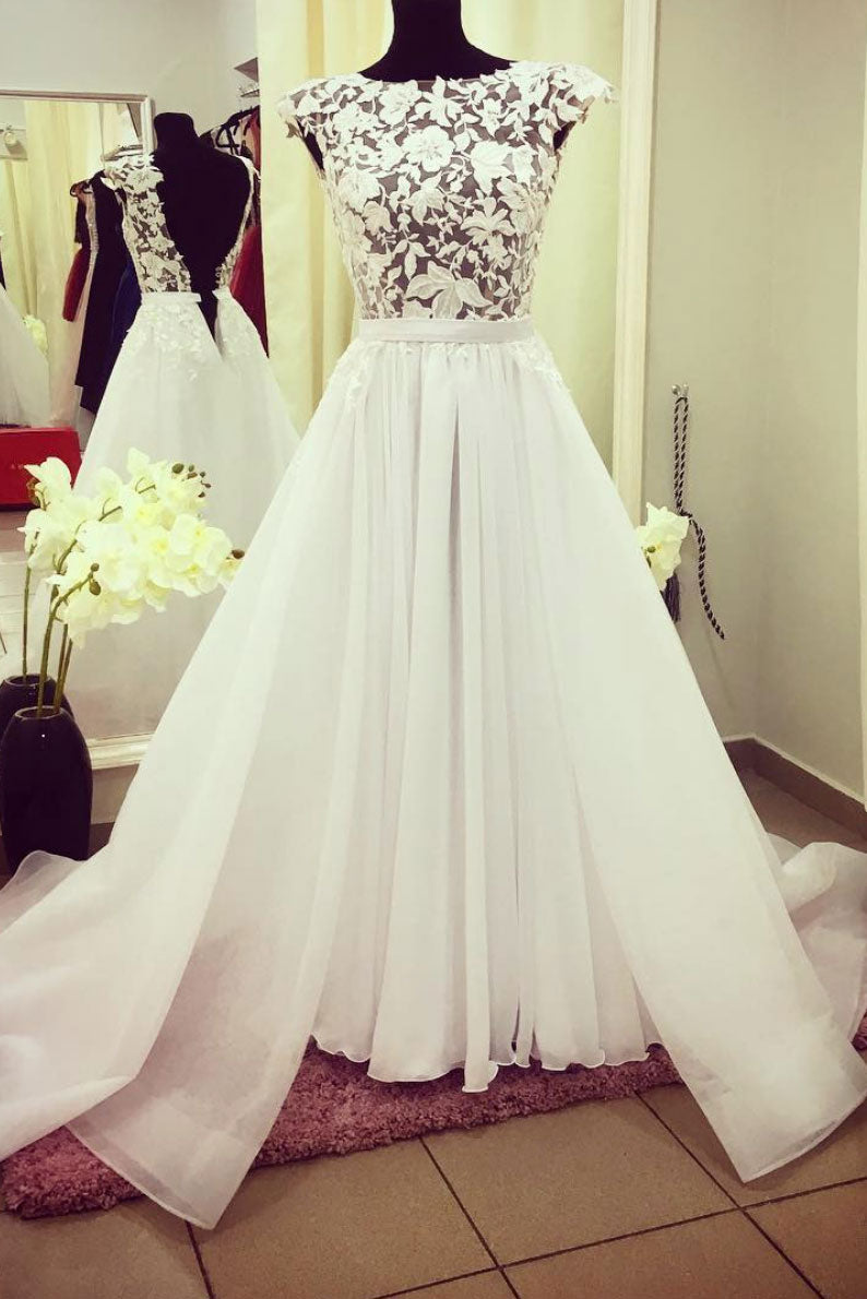 White Round Neck Lace Tulle Long Prom Dress Lace Evening Dress