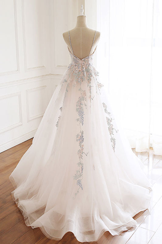 White V-Neck Tulle Lace Long Prom Dress White Evening Gown