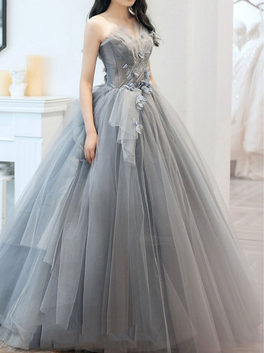 Gray Sweetheart Neck Tulle Long Prom Dress Gray Tulle Formal Dress