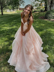 Pink V-Neck Tulle Long Prom Dress Pink Tulle Formal Dress