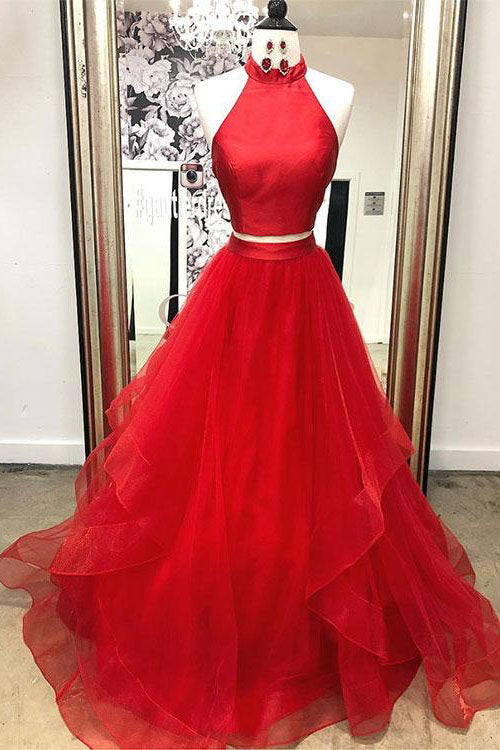 Red Two-Piece Tulle Long Prom Dress Red Long Evening Dress