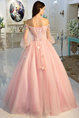 Pink Off-Shoulder Tulle Long Prom Dress Sweet 16 Dress