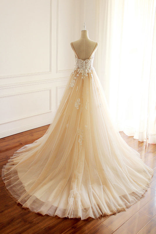 Champagne Tulle Lace Appliqu¨¦ Long Prom Dress Champagne Evening Dress