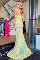 Chandler Dressystars  Yellow Sequin Delicate Appliques Scoop Neck Mermaid Long Elegant Prom Dress with Split Design