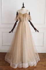 Champagne Tulle Off-Shoulder Long Prom Dress Champagne Evening Dress