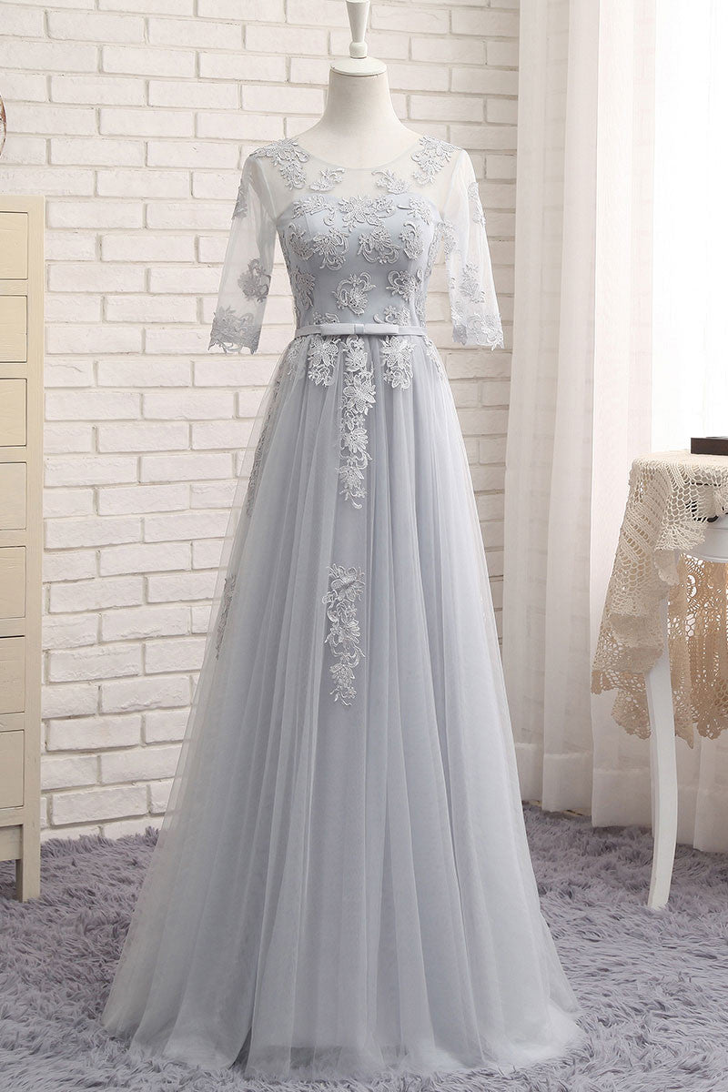 Gray Tulle Lace Long Prom Dress Gray Bridesmaid Dress