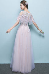 Pink Tulle Lace Long Prom Dress Tulle Appliqu¨¦ Formal Gown