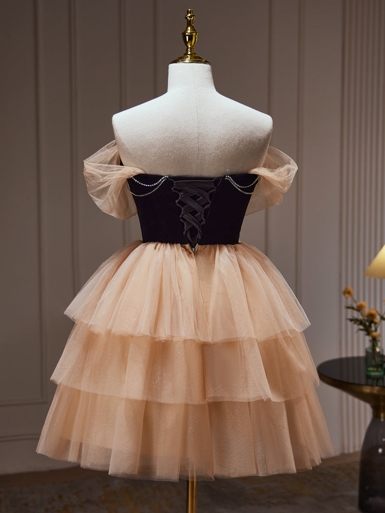 A-Line Sweetheart Neck Tulle Champagne Short Prom Dress Champagne Homecoming Dress