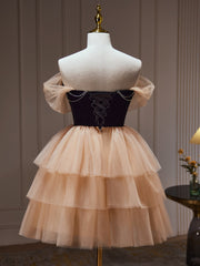 A-Line Sweetheart Neck Tulle Champagne Short Prom Dress Champagne Homecoming Dress