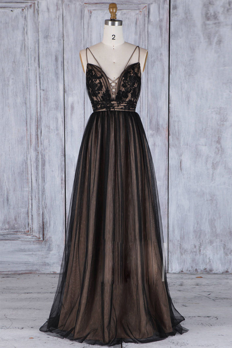 Black V-Neck Lace Tulle Long Prom Dress Black Bridesmaid Dress