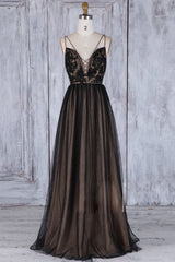 Black V-Neck Lace Tulle Long Prom Dress Black Bridesmaid Dress