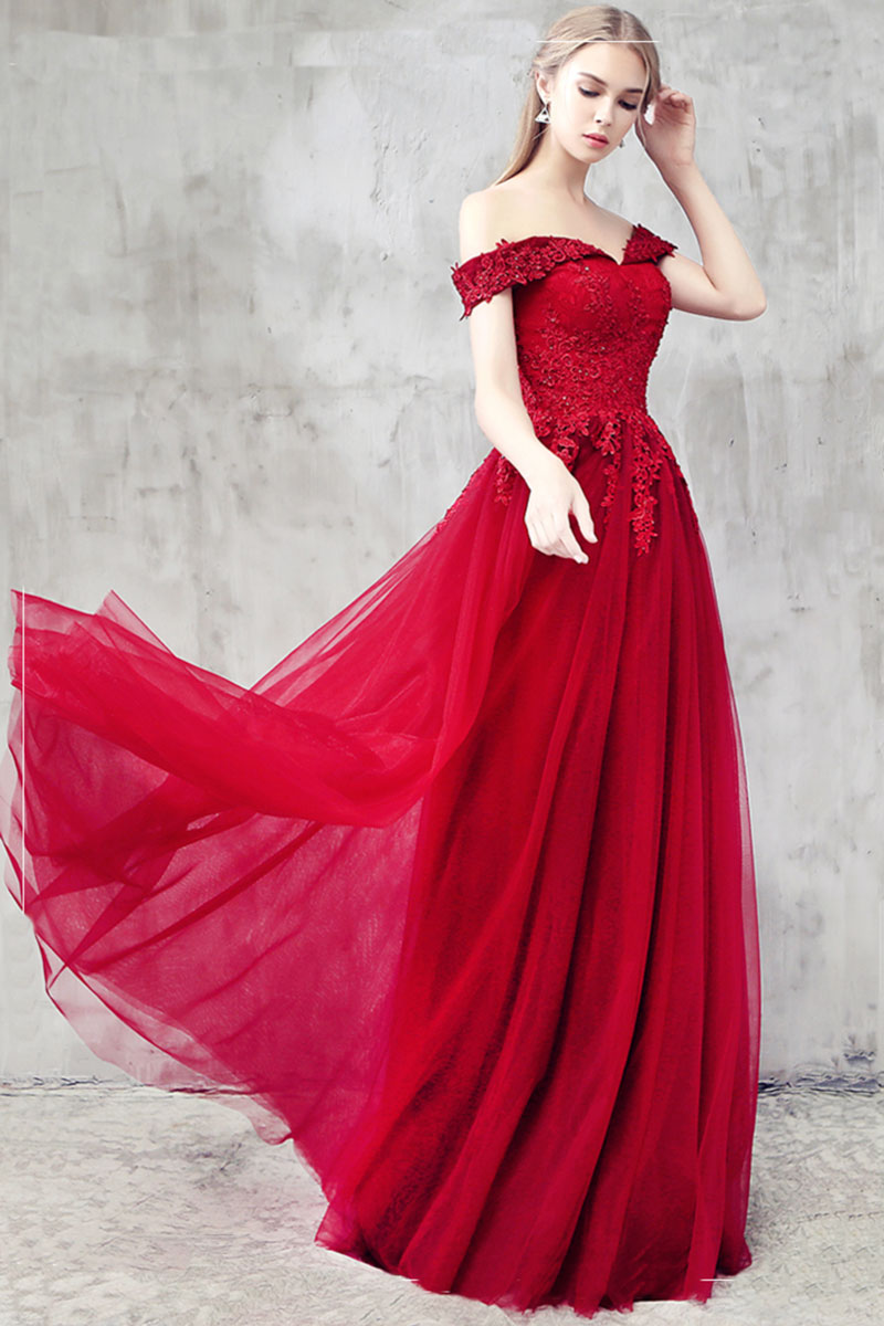 Burgundy Tulle Lace Off-Shoulder Prom Dress Burgundy Bridesmaid Dress