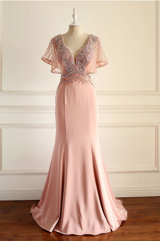 Unique Pink Beads Chiffon Long Prom Dress Pink Evening Gown