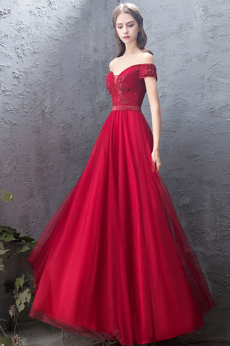 Burgundy Tulle Off-Shoulder Long Prom Dress Burgundy Evening Dress