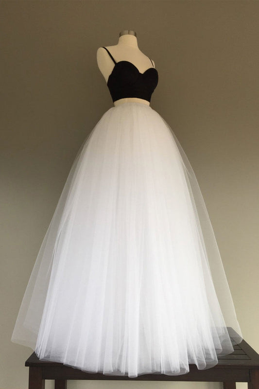 Simple White/Black Tulle Two-Piece Long Prom Dress Evening Gown