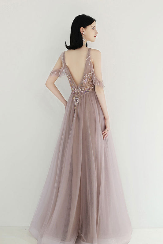 Champagne Tulle Sequin Beaded Long Prom Dress Tulle Evening Dress