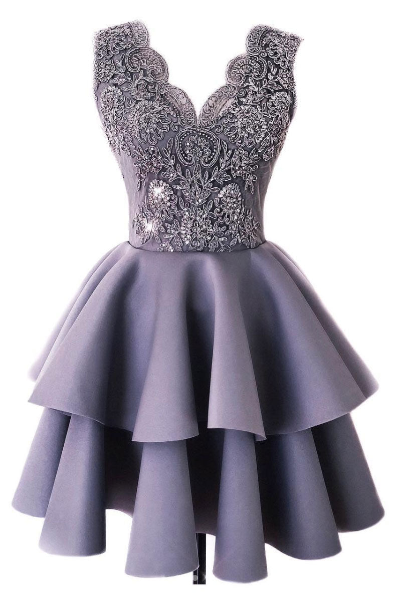 Cute Lace V-Neck Short Prom Dress Gray Homecoming Dress