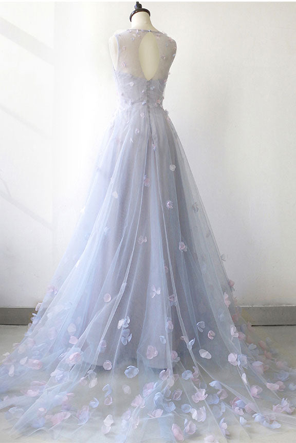 Simple Round Neck Tulle Long Prom Dress Gray Tulle Evening Dress