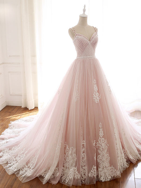 Pink Sweetheart Neck Tulle Long Prom Dress Lace Tulle Evening Gown