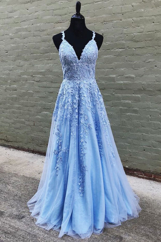 Blue V-Neck Tulle Lace Long Prom Dress Blue Lace Formal Dress