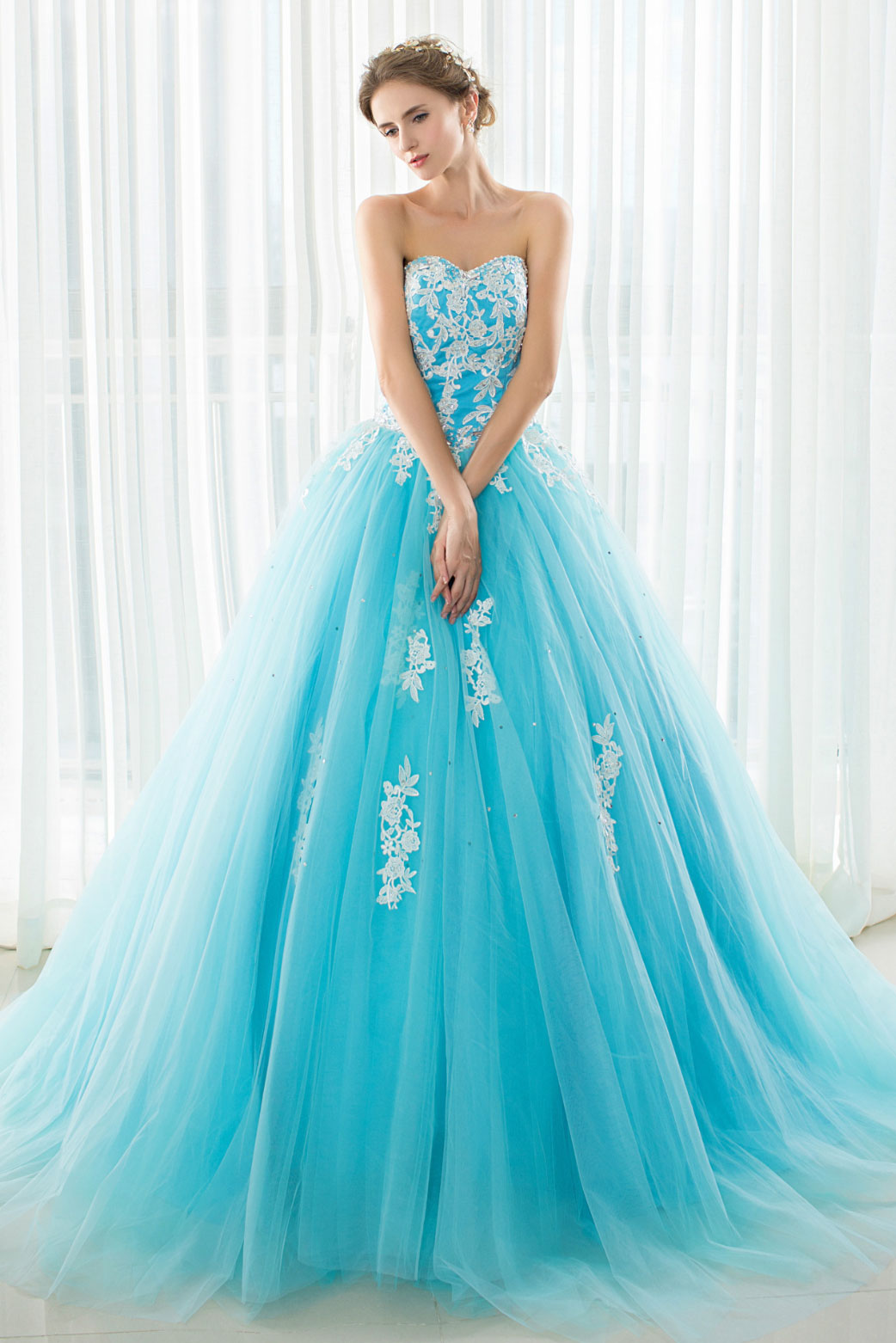 Blue Tulle Lace Appliqu¨¦ Long Prom Dress Blue Evening Dress