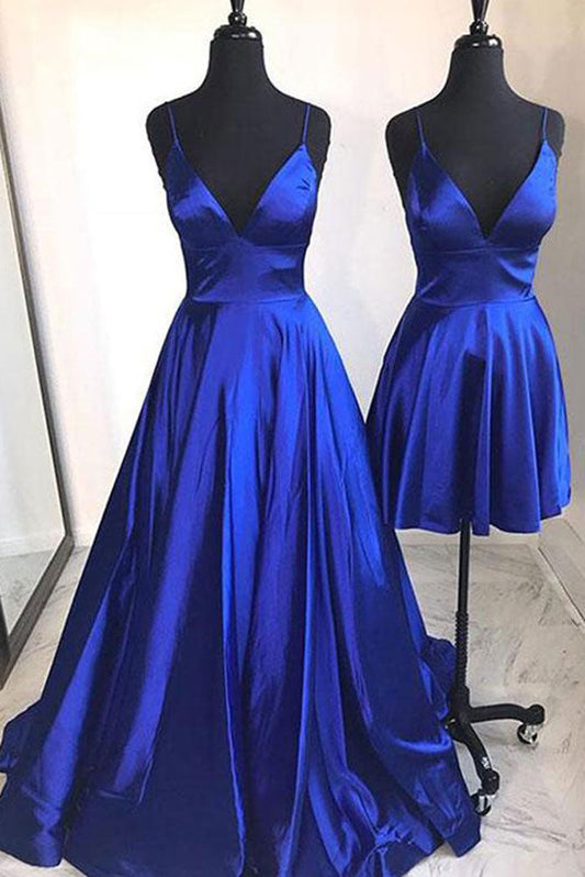 Blue V-Neck Satin Long Prom Dress Blue Evening Dress