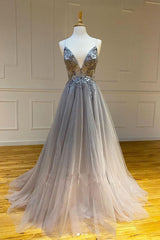 Gray V-Neck Tulle Long Prom Dress Gray Tulle Formal Gown