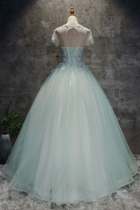 Unique Light Green Tulle Lace Long Prom Dress Sweet 16 Dress