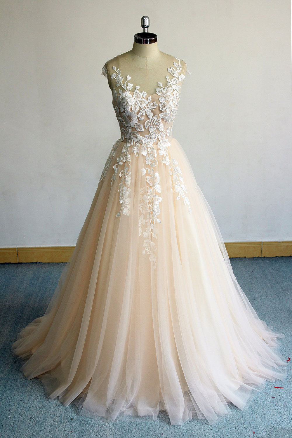 Champagne Round Neck Tulle Lace Long Prom Dress Champagne Evening Dress