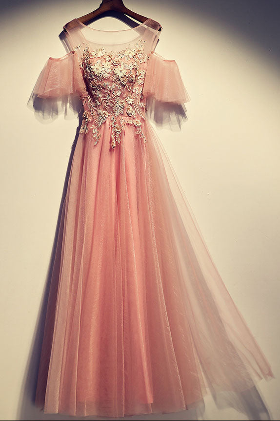 Pink Round Neck Tulle Lace Long Prom Dress Pink Tulle Evening Dress