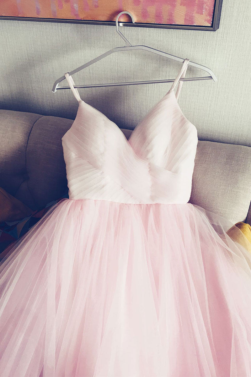 Simple V-Neck Tulle Pink Prom Dress Pink Tulle Evening Dress