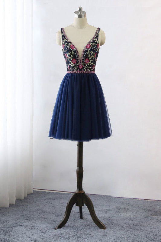 Dark Blue V-Neck Lace Tulle Short Prom Dress Blue Homecoming Dress