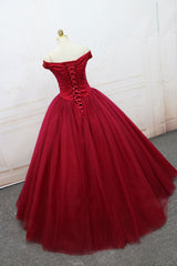 Burgundy Off-Shoulder Tulle Long Prom Dress Tulle Evening Dress