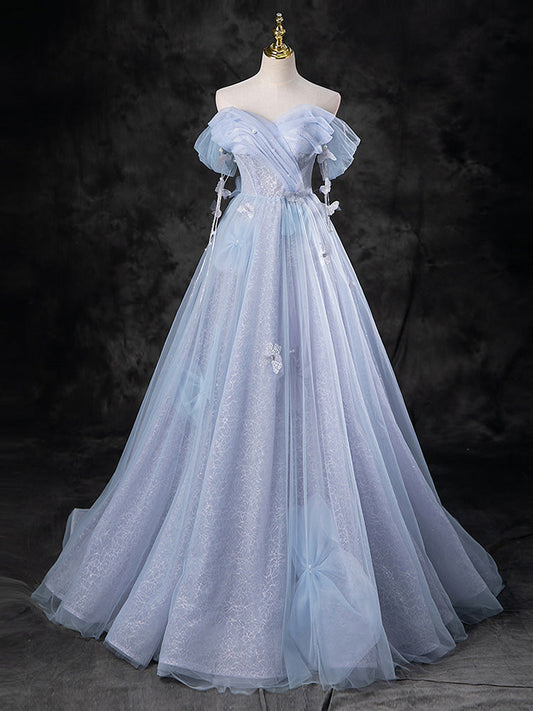 A-Line Sweetheart Neck Off-Shoulder Tulle Gray Blue Long Prom Dress Blue Formal Gown