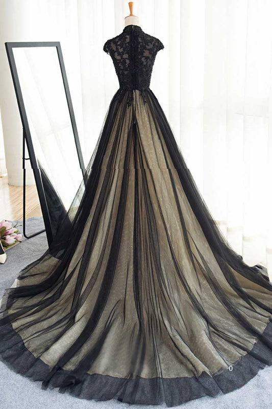 Black Tulle Lace Long Prom Dress Black Tulle Evening Dress