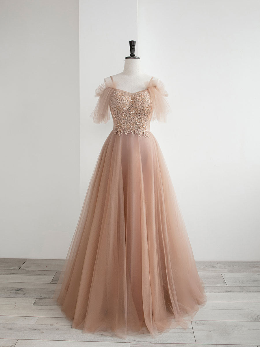 Champagne A-Line Tulle Lace Long Prom Dress Champagne Evening Dress