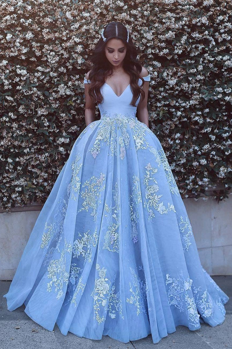 Blue Tulle Lace Off-Shoulder Long Prom Dress Blue Tulle Evening Dress