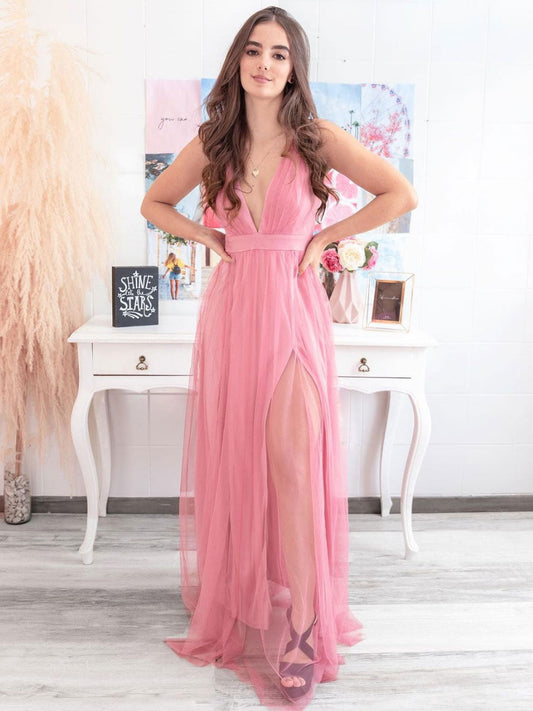 Simple Pink V-Neck Tulle Long Prom Dress Tulle Formal Dress