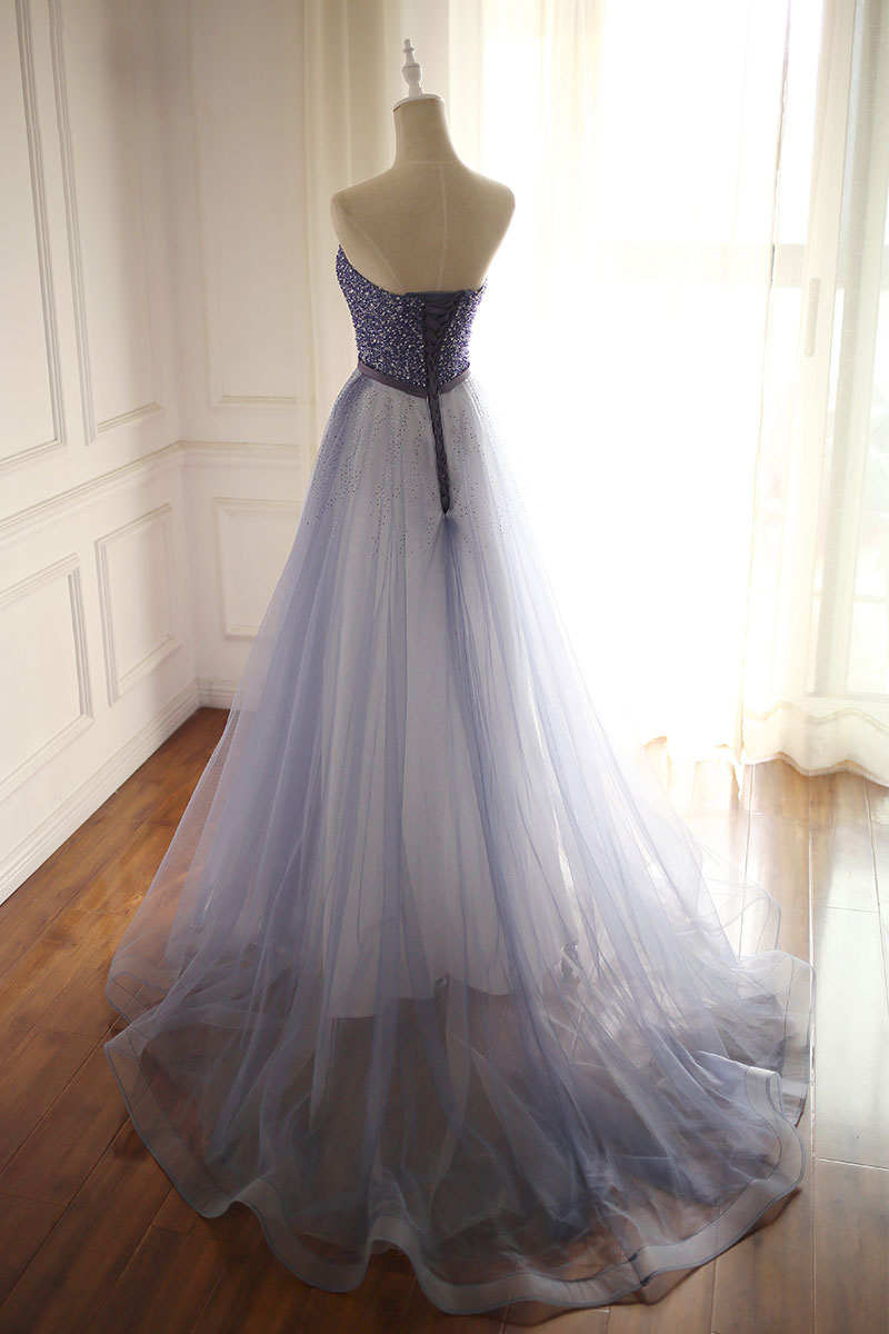 Blue Sweetheart Tulle Beaded Long Prom Dress Blue Evening Dress